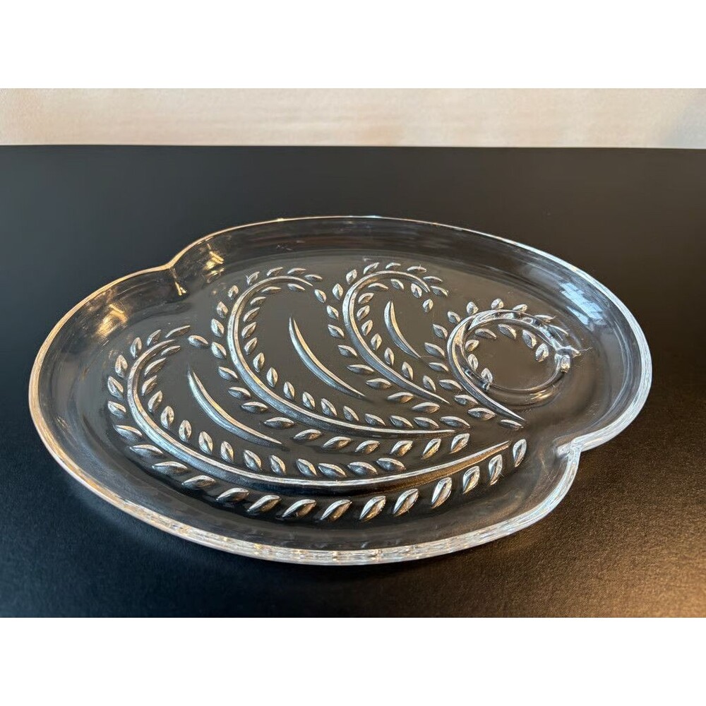 Glass Divided Hostess Snack Plates Wheat Leaf Pattern Relish Serving Set